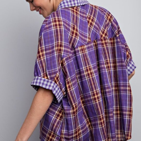 Easel Purple Plaid Oversized Button Down Top NWT M - Picture 6 of 10
